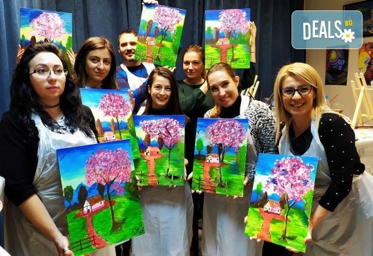 В цветовете на пролетта! Рисуване и вино: картина с акрил, метод стъпка по стъпка + чаша вино в Пух арт студио - Снимка 1