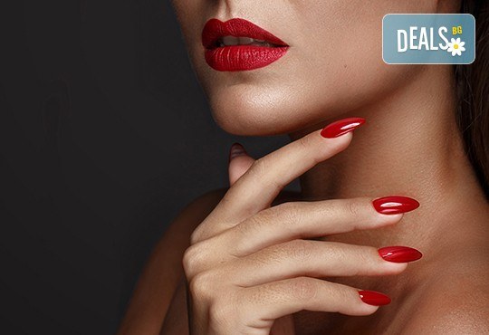 Изграждане на ноктопластика с гел или топ форми, маникюр с гел лак в цвят по избор и 6 бр. камъчета или лепенки от салон за красота Айрин - Снимка 1