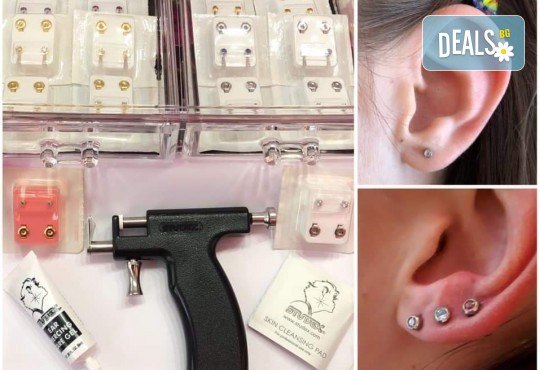 Поставяне на медицински обeци с американската система Studex, богат избор на модели с камъчета, златиста, сребриста визия и антиалергично покритие тип медицинско злато в Senses Massage & Recreation - Снимка 1