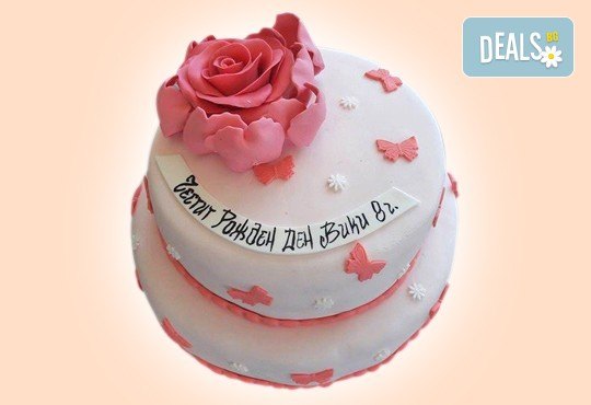 За кумовете! Празнична торта Честито кумство с пъстри цветя, дизайн сърце, романтични рози, влюбени гълъби или др. от Сладкарница Джорджо Джани - Снимка 22