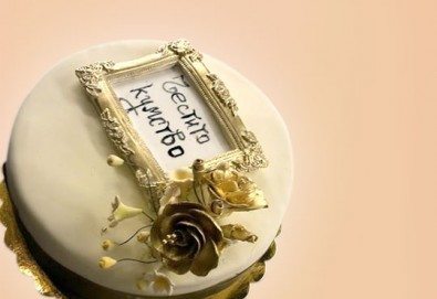 За кумовете! Празнична торта Честито кумство с пъстри цветя, дизайн сърце, романтични рози, влюбени гълъби или др. от Сладкарница Джорджо Джани - Снимка
