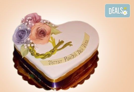 За кумовете! Празнична торта Честито кумство с пъстри цветя, дизайн сърце, романтични рози, влюбени гълъби или др. от Сладкарница Джорджо Джани - Снимка 11