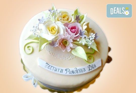 За кумовете! Празнична торта Честито кумство с пъстри цветя, дизайн сърце, романтични рози, влюбени гълъби или др. от Сладкарница Джорджо Джани - Снимка 23