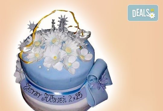 За кумовете! Празнична торта Честито кумство с пъстри цветя, дизайн сърце, романтични рози, влюбени гълъби или др. от Сладкарница Джорджо Джани - Снимка 16