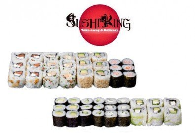 Насладете се на апетитен суши сет Кобе с 63 броя хапки със сьомга, филаделфия, ролца от раци и риба тон от Sushi King - Снимка