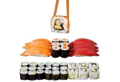 Суши екзотика в сет Izanami със 123 бр. хапки с манго, сьомга, риба тон, нори и японски сосове от Sushi King!