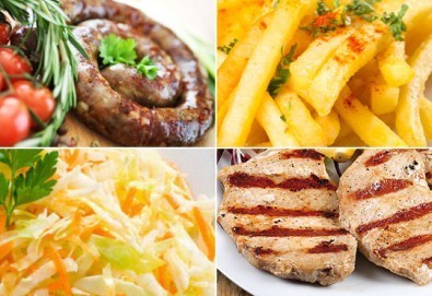 Апетитно в Balito! Две порции пресен телешки суджук на скара или свински каренца + гарнитура картофки и зеле с моркови