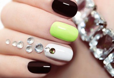 Впечатляващи нокти! Класически маникюр с Gelish или Bluesky и 2 камъчета с елементи на Swarovski в салон за красота Виктория!