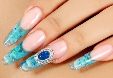 Ноктопластика с удължители и гел и лакиране с гел лак Gelish, Bluesky, Le Vole или My Nail + 2 камъчета с елементи на Swarovski в салон Виктория!