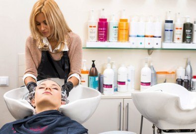 Подстригване, масажно измиване, терапия според типа коса, оформяне на прическа със сешоар, обем в корените по желание и подарък плитка