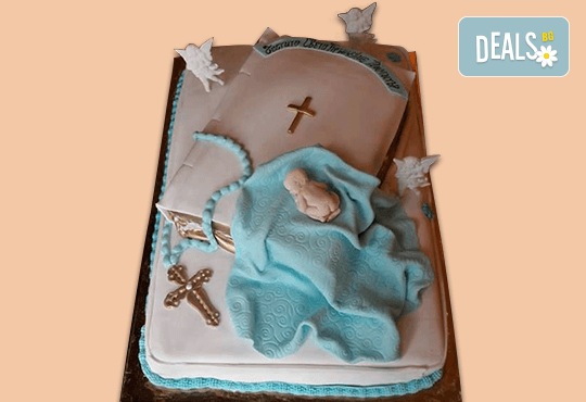 За кръщене! Красива тортa за Кръщенe с надпис Честито свето кръщене, кръстче, Библия и свещ от Сладкарница Джорджо Джани - Снимка 4