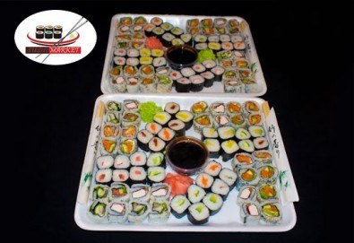 Вземете 128 суши хапки с пушена сьомга, филаделфия и херинга. С възможност за доставка за София от Sushi Market!