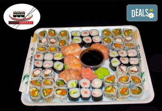 Екзотика! 60 суши хапки с пушена сьомга, филаделфия, бяла херинга, свежа салата, сурими раци и хайвер, възможност за доставка от Sushi Market! - Снимка 1