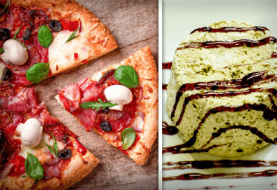 Меню за ДВАМА в Златна круша! ДВЕ пици по избор - големи или малки + ДВА домашни сладоледени десерта със сладко и крокан!