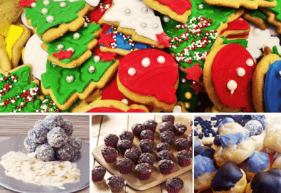 Празничен сет Коледно парти! 80 коледни сладки асорти: меденки с канела (елхички, декоративни топки, снежинки, коледни звезди), бели снежни топки с кокос, мъфини с шоколад и портокал, еклери с крем за празниците от Muffin House!