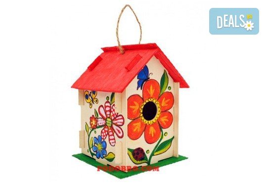 Дървена къщичка за птички - комплект за оцветяване с боички и четка за рисуване от Podobro.com! - Снимка 1