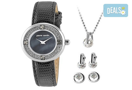 Романтичен комплект часовник, колие и два чифта обеци в сребристо и с кристали на Pierre Cardin + безплатна доставка! - Снимка 1