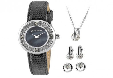 Романтичен комплект часовник, колие и два чифта обеци в сребристо и с кристали на Pierre Cardin + безплатна доставка!