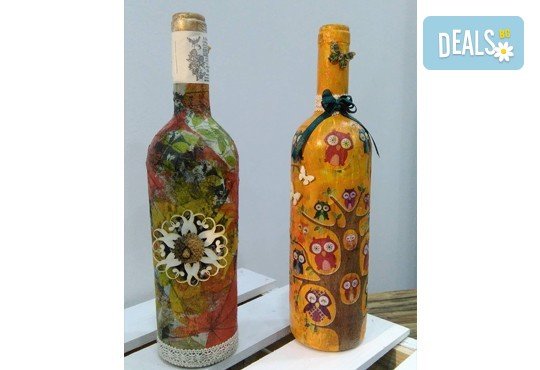 Научете нещо ново и интересно! Еднодневен уъркшоп на тема Декупаж върху бутилка + чаша вино или чай от Ателие Цветна магия! - Снимка 2