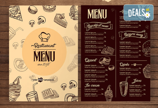 Изработка на меню за хотели, ресторанти и други, с включен дизайн, едностранен или двустранен печат, рамер А3 или А4, от Хартиен свят! - Снимка 1