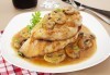 За един или за двама! Една или две порции свинско/пилешко бон филе с гъби печурки и чаша бяло вино Villa Yambol chardonnay в Ресторант 21 - Лозенец! - thumb 1