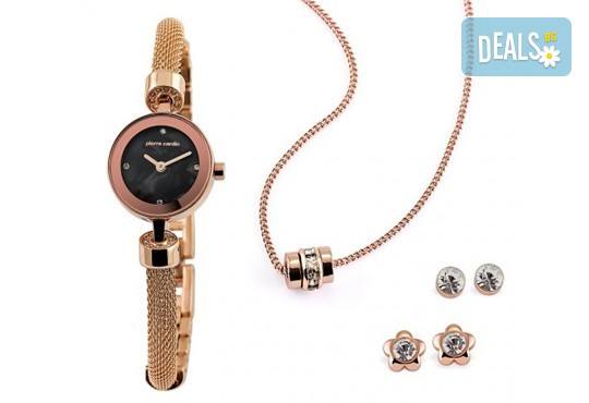 Pierre Cardin - романтичен комплект в розово злато с часовник, 2 чифта обеци и колие - Снимка 1